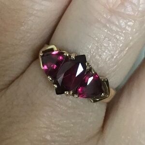 10K Gold Marquis Rhodolite Garnet Ring with Matching Side Trillion Cut Stones